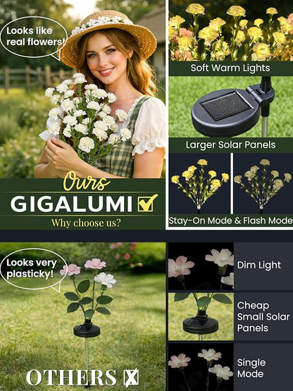 GIGALUMI Solar Lights Outdoor for Garden Decor, 4 Pack Solar Flower Lights Waterproof, 2 Lighting Modes 28 Carnations for Pathway,Yard, Patio Decoration, Gardening Gifts for Women (White)
