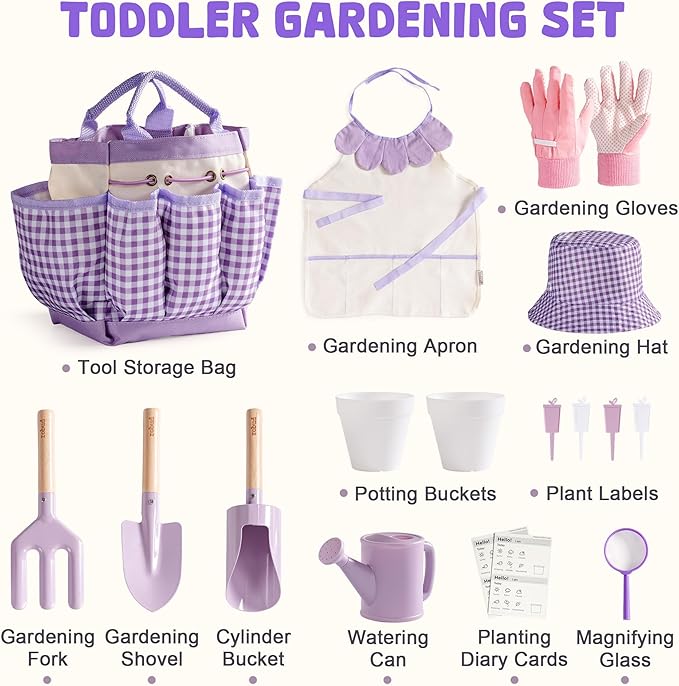 ROBUD Kid Gardening Set, Purple Wooden Garden Tool for Kid, Garden Tool Kit with Tool Storage Bag, Apron, Gloves, Montessori Toys for Kids to be Closed to Nature, WRP52