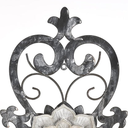 Metal Flowers Wall Art, 15.75” x 9” Metal Scroll Floral Wall Decor, Hanging Wall Sculpture with Wooden Bohemian Flower, Iron Wall Decoration for Living Room Kitchen, Outside Wall Decor for Garden