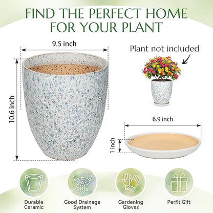 9.5 Inch Flower Pots for Indoor Plants,Ceramic Planter with Saucer Drainage Leak-Proof Mesh Gardening Gloves (Spotted Blue)
