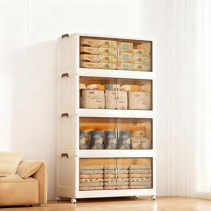 25" Wide 4-Tier Rolling Storage Bins with Lids,383QT Collapsible Stackable Storage Cabinet with Wheels,Foldable Closet Organizers,Plastic Storage Drawers for Home, Bathroom, RV Essentials