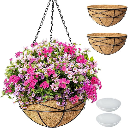 2 Pack 12 Inch Hanging Planters for Outdoor Plants Metal Watering Flower Baskets with Coco Liner for Hanging Pot Round Plant Holders Planter for Outside Garden Decor