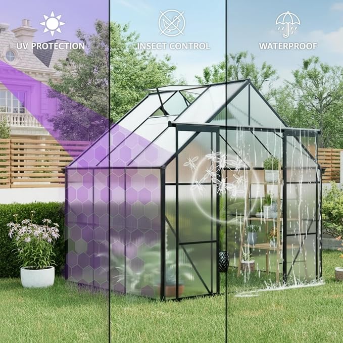 8x6 FT Greenhouse, Walk-in Polycarbonate Greenhouses with Double Sliding Doors, Aluminum Frame, Adjustable Roof Vent, Raised Base & Anchor, Outdoor Backyard Greenhouse for All Seasons, Black