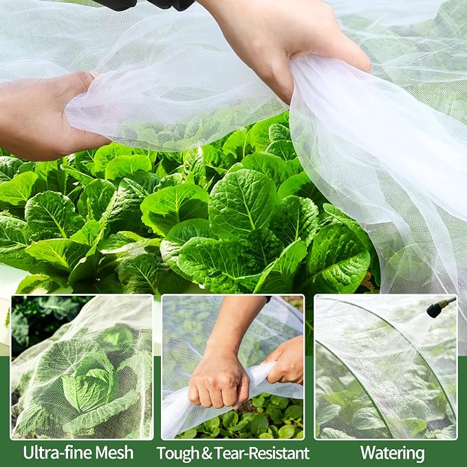 Garden Netting Kit for Raised Bed, 8X20FT Ultra Fine Mesh Netting with 5 Sets Garden Hoops & 15pcs Clips, Reusable Bird Netting for Garden Protection
