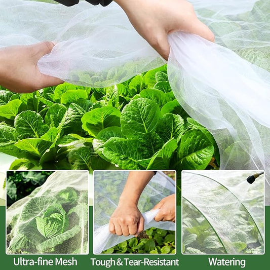 Garden Netting Kit for Raised Bed, 8X20FT Ultra Fine Mesh Netting with 5 Sets Garden Hoops & 15pcs Clips, Reusable Bird Netting for Garden Protection