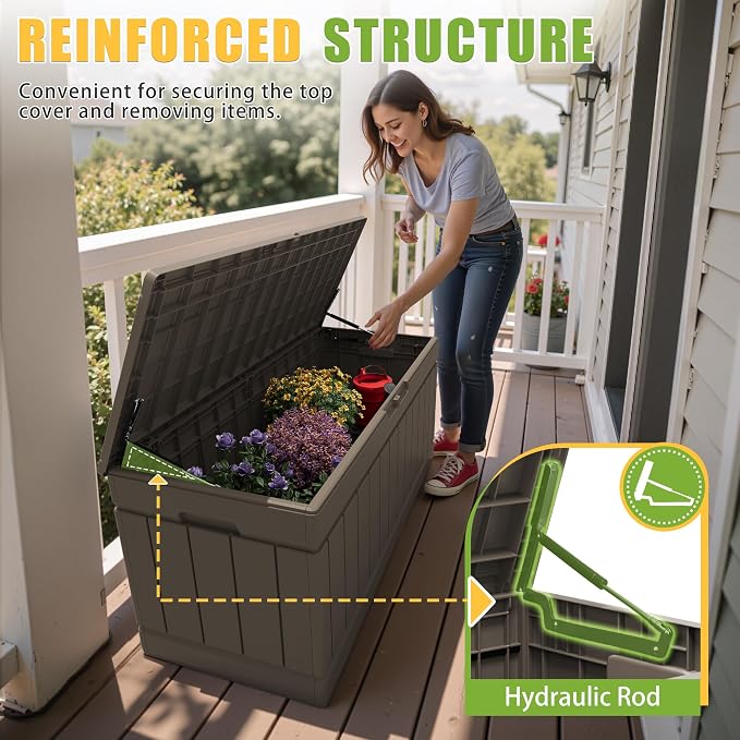 Greesum Outdoor Storage Box 82 Gallon Storage Bin with Lid for Patio Furniture, Garden Tools, Pool Supplies, Waterproof and UV Resistant, Lockable, Dark Brown