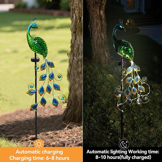 Solar Peacock Garden Stake Lights Waterproof Metal Outdoor Decor | Solar Peacock Garden Stake Lights, Waterproof Metal Glass, Thick Stake, Glow-In-The-Dark Eye, For Pathway Patio Yard Decor