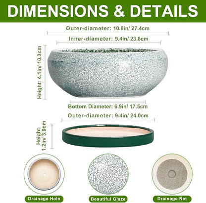 Succulent Planters 10 Inch - Ceramic Bonsai Pots with Drainage Hole and Saucer, Large Succulent Pots Indoor, Shallow Planter, Round Bowl Planter Outdoor, Patio Decor, Plant Lover Gift, Green