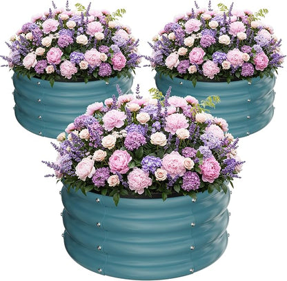 ZXZYHFTY Raised Garden Bed, 0.6 mm Galvanized Steel Round Planter Box with Open Bottom, Metal Raised Garden Bed for Vegetables Flowers Herbs Mailbox Planter Accent, 2 x 2 x 1 FT, 3 Pack Blue