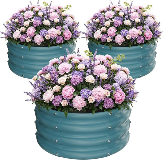 ZXZYHFTY Raised Garden Bed, 0.6 mm Galvanized Steel Round Planter Box with Open Bottom, Metal Raised Garden Bed for Vegetables Flowers Herbs Mailbox Planter Accent, 2 x 2 x 1 FT, 3 Pack Blue