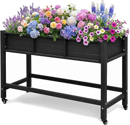 DWVO 47x18x31in Raised Garden Bed HDPE, Weather-Resistant Poly Wood Planter Box Stand, Planter Box with Legs & Lockable Wheels, Elevated Garden Bed for Backyard Patio Balcony - Black
