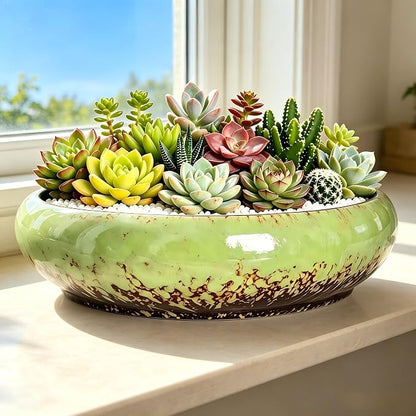 Succulent Pots, 10 Inch, Shallow Planter with Drainage for Succulent Planters, Bonsai Pots & Cactus Pots, Plant Pots, Ceramic Planters for Indoor Plants - Perfect for Home Offie Garden Decor, Green
