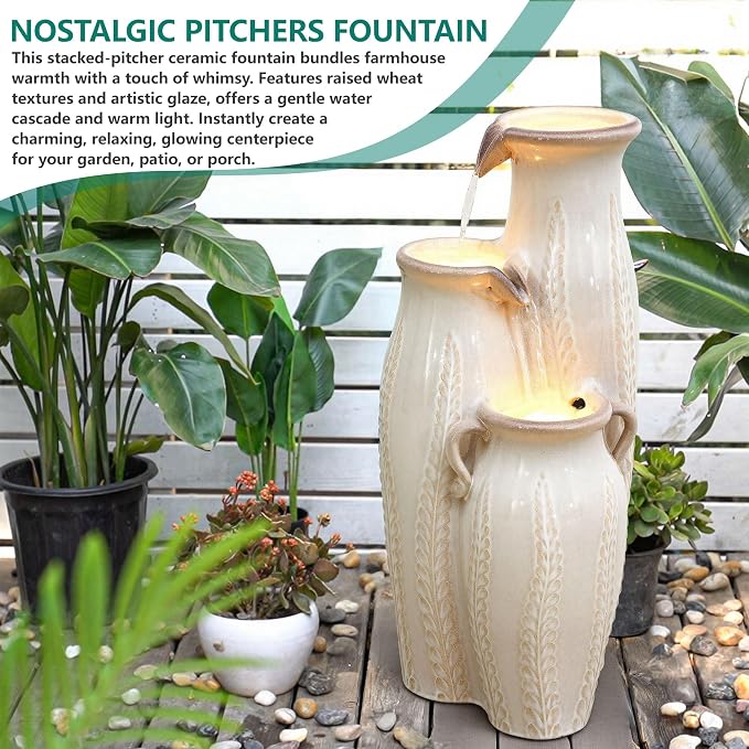 29.5" H Ceramic Outdoor Water Fountain with LED Lights, 3-Tier Vase Cascading Water Feature, Beige Glaze with Embossed Leaf Patterns, Tranquil Waterfall for Garden, Patio, Yard, or Porch