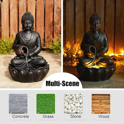 Glitzhome Zen-Style 2-Tiered Buddha Statue Polyresin Outdoor Decoration with Pump and LED Light, 20.5" H