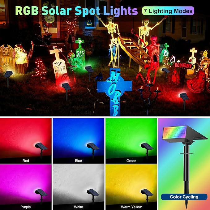 Solar Color Changing RGB Spot Lights Outdoor, 6 Pack/7 Lighting Modes Multicolor Outdoor Lights for Yard Waterproof IP68, Halloween Christmas Solar Landscape Powered Lights Garden Pathway