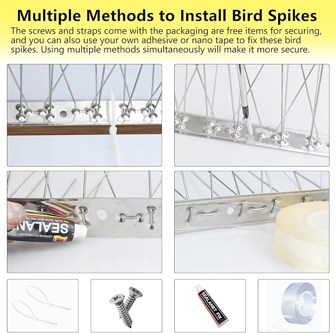 Bird Spikes,12Pcs,Stainless Steel Spikes with Base,Keep Woodpeckers Pigeon Raccoons Away,Anti Climb Spikes for Graden Patio Fence,9.84Ft