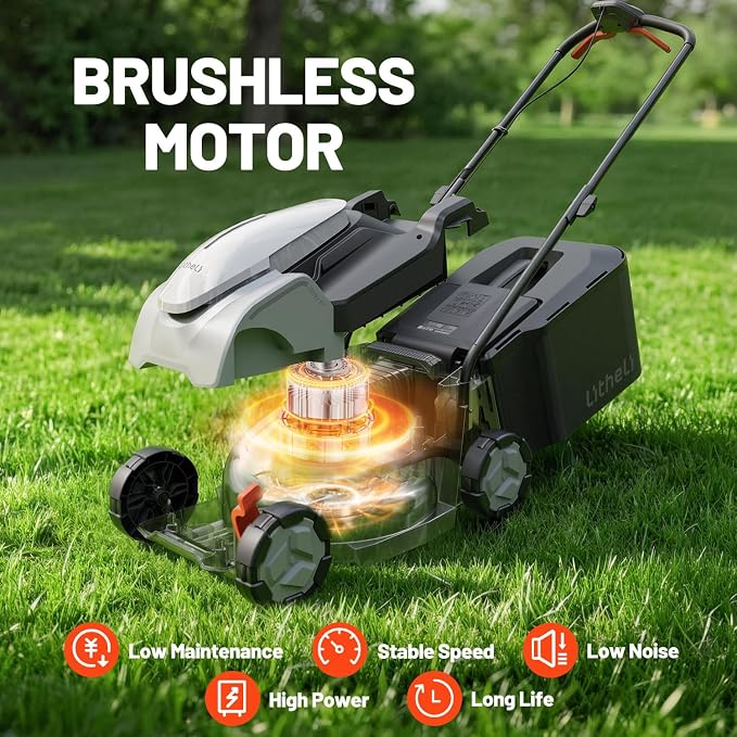 Litheli 14 Inch Cordless Lawn Mower, Brushless Electric Push Mower with 2x5.0Ah Batteries, 5-Position Height Adjustment, 9-Gallon Grass Catcher for Garden Yard Farm