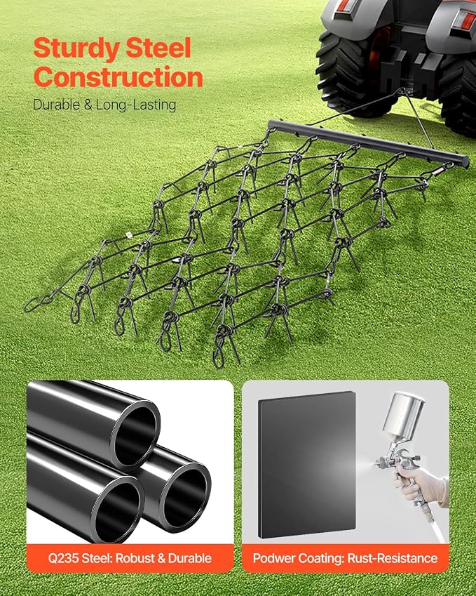 VEVOR Drag Harrow, 4 ft x 5.6 ft Durable Chain Harrow with 80 Sharp Teeth, Suitable for ATV UTV Tractor, Ideal for Soil Preparation, Seeding, Smoothing Landscapes, and Yard Gravel Driveway Maintenance