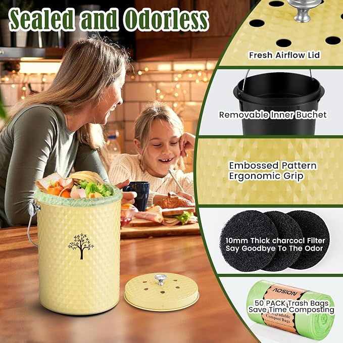 AOSION Countertop Kitchen Odorless Compost Bin with Removable Inner Bucket | 1 Gallon Composter Container,Includes 50 Compost Bags,2 Carbon Filters,Compost Bucket, ideal for food scraps,coffee grounds
