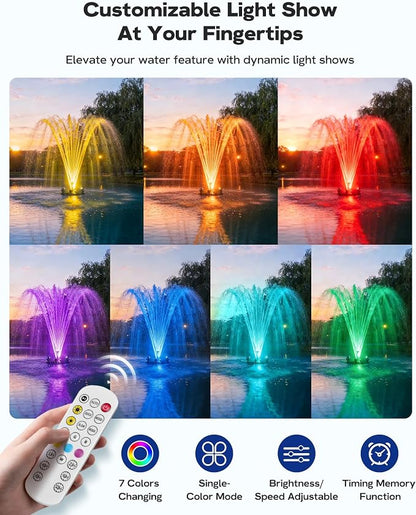 Antfraer Floating Pond Fountain with RGB LED Lights, 1200GPH Pond Fountain for Large Ponds, Remote Control Pond Aerator with 3 Spray Patterns for Water Gardens, Fish Pool & Lakes, 18 Inch Float