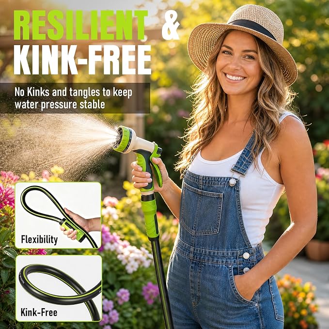 Garden Hose 75ft x 5/8", Heavy Duty Water Hose, Flexible and Durable, Kink Resistant Lightweight Hybrid Hose, Leakproof Yard Hose with Male to Female Fittings