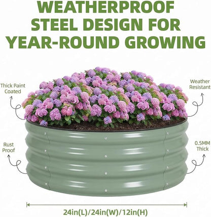 SPONVATT 2Pcs Round Galvanized Raised Garden Bed Kit 24 x 12 Inch Metal Planter Box Outdoor with Safety Rubber Edge Trim Rust Proof Weather Resistant Circular Steel Garden Beds Sage Green 12 Inch Deep