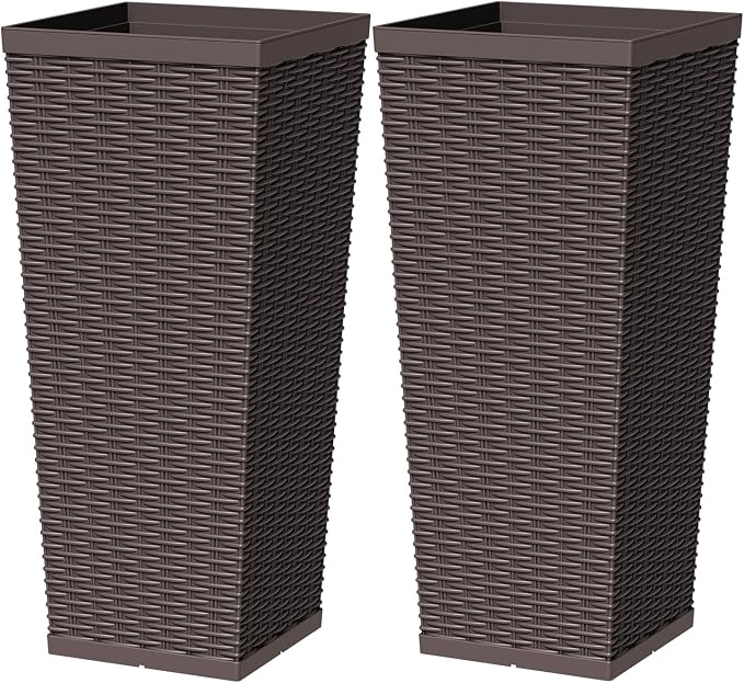 Greesum 30 Inch Tall Plastic Planters with Rattan Texture – Set of 2, Detachable Inner Pot & Drainage Holes, Indoor/Outdoor Decorative Flower Pots for Large Plants, Trees, Patio, and Garden, Brown