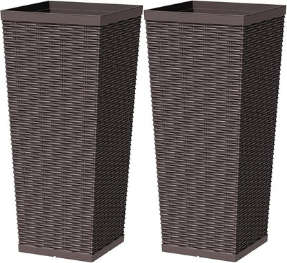 Greesum 30 Inch Tall Plastic Planters with Rattan Texture – Set of 2, Detachable Inner Pot & Drainage Holes, Indoor/Outdoor Decorative Flower Pots for Large Plants, Trees, Patio, and Garden, Brown