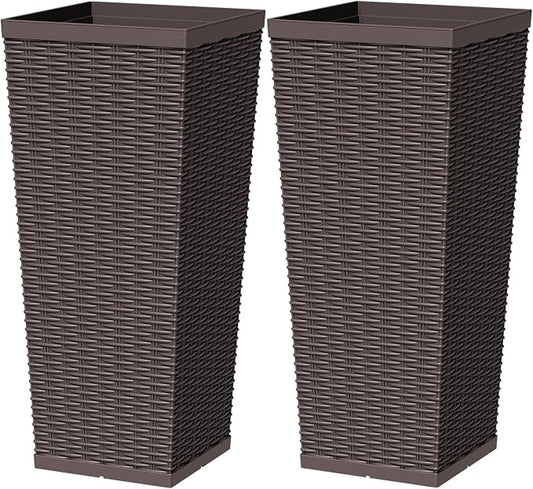 Greesum 30 Inch Tall Plastic Planters with Rattan Texture – Set of 2, Detachable Inner Pot & Drainage Holes, Indoor/Outdoor Decorative Flower Pots for Large Plants, Trees, Patio, and Garden, Brown