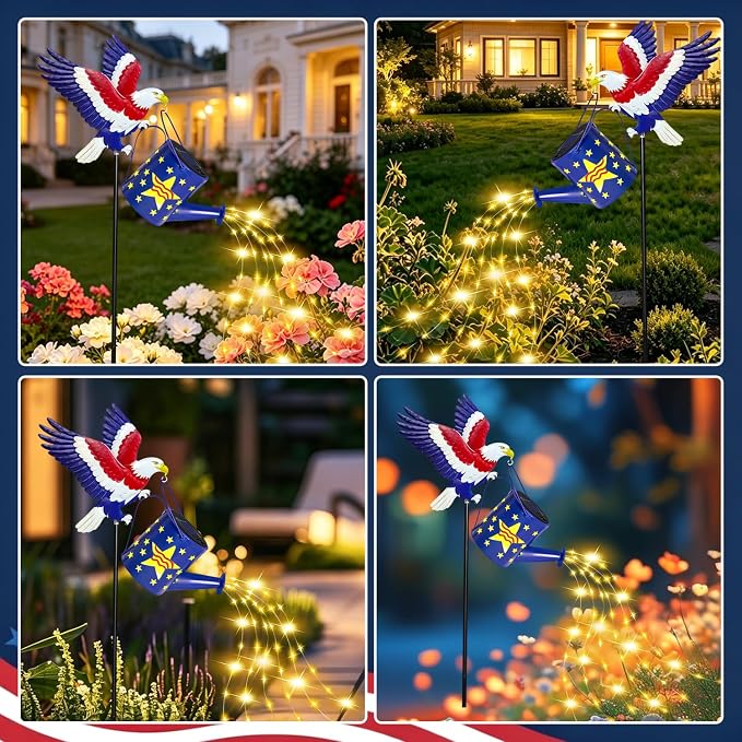 Solar Eagle Garden Lights Outdoor Decorations, Patriotic Watering Can Light with Cascading Fairy Lights, Solar Garden Decor for 4th of July, Memorial Day, Veterans Day, Yard, Patio, Lawn, Flower Bed