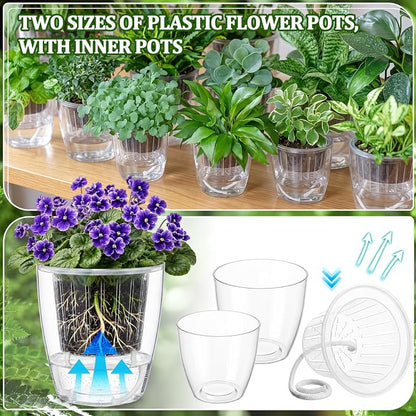 36 Pcs Self Watering Pots 3.5 Inch, 4.3 Inch Plastic Flower Plant Pot with Inner Pot Self Watering Wick Planter White Clear Flower Pots for Indoor House Plants Herbs, Flowers, (Transparent)