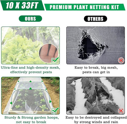 10 X 50 FT Garden Mesh Netting Kit Pest Barrier for Raised Beds, Fruit Tree Netting with 10 Sets Garden Hoops & 20 Clips for Cicadas Bird Insect, Blueberry Bush Netting Cover for Garden Protection