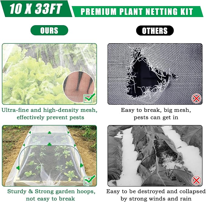 10 X 33 FT Garden Mesh Netting Kit Pest Barrier for Raised Beds, Fruit Tree Netting with 6 Sets Garden Hoops & 12 Clips for Cicadas Bird Insect, Blueberry Bush Netting Cover for Garden Protection