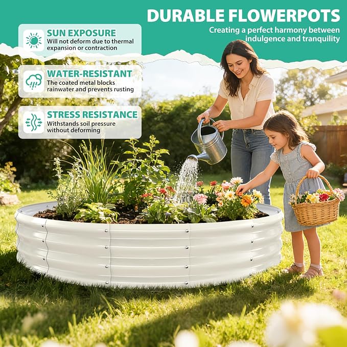 12 Inch Tall 72 Inch Diameter Round White Raised Garden Bed Kits Outdoor | 1 FT Tall,6 FT Planter Bed for Flowers,Herbs,Vegetables,Trees,0.8MM Thick Galvanized Metal Painted,with Gloves,Tool free