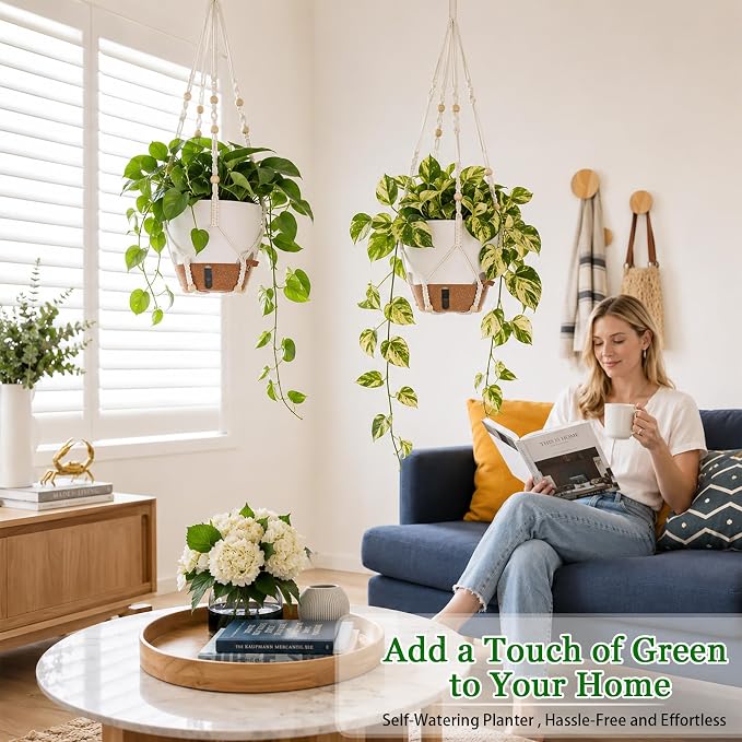 10 Inch Self Watering Hanging Planters, 2 Pack, Visible Water Window | Drainage Holes, Cotton-wick Reservoir, Metal Chain & Macrame Plant Hangers for Indoor & Outdoor Plants