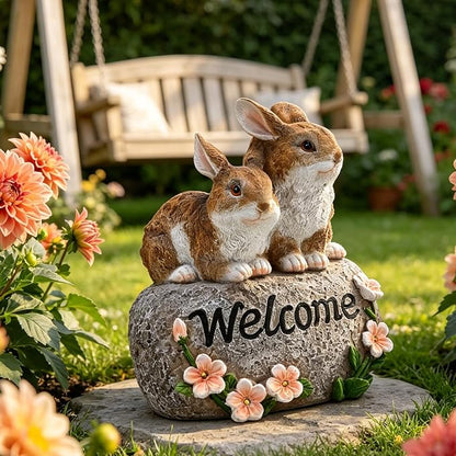 Solar Rabbit Garden Decor Outdoor Bunny Statue Welcome Sign Cute Resin Bunny Figurines for Yard Lawn Ornament Patio Porch Backyard Waterproof Decorative Gift for Women Bunny Lovers