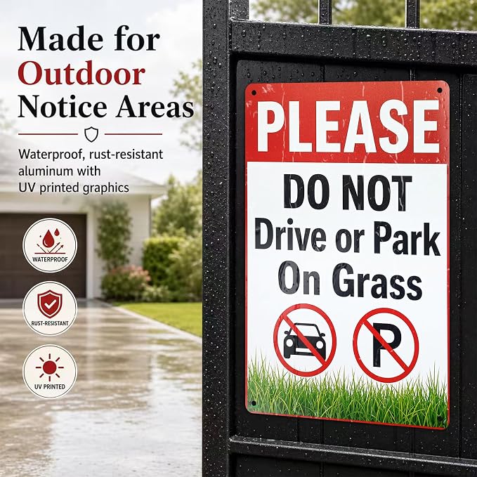 Do Not Park on Grass Tin Sign, 12 x 8 Inch Lawn Notice Aluminum Metal Wall Decor, No Driving Parking Sign for Yard, Driveway, Gate, Fence