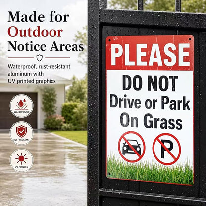 Do Not Park on Grass Tin Sign, 12 x 8 Inch Lawn Notice Aluminum Metal Wall Decor, No Driving Parking Sign for Yard, Driveway, Gate, Fence