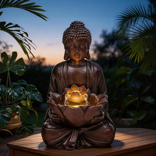 AUTODAYA 18.9" H Buddha Statue Outdoor Water Fountain with Warm LED Lights | Zen Style Garden Fountain with Relaxing Waterfall for Patio, Porch, or Yard Decor, Faux Bronze