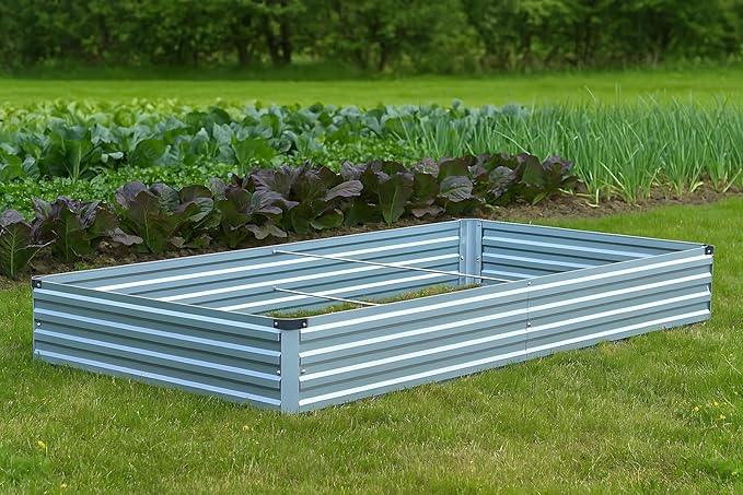 Meberam 2 Pack 6x3x1FT Galvanized Raised Garden Bed Kit, Outdoor Metal Planter Box for Vegetables, Bottomless Rectangular Gardening Bed with Support Rods, Tool-Free Assembly, Gray