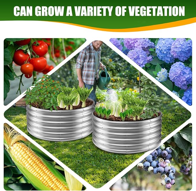 TBMLC 17" Tall Elevated Round Metal Rised Garden Bed- 3.3'x3.3' in Size and 0.8MM Thick Durable Planter Box for Vegetables Flowers Succulent at Patio/Garden Outdoor (Silver, 3.3FT Diameter)