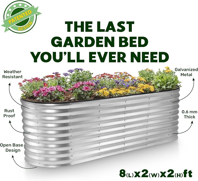 Plant & Plot Galvanized Raised Garden Beds Outdoor // 8×2×2 ft Planter Raised Beds for Gardening, Vegetables, Flowers // Large Metal Garden Box (Silver) // Patented Tool-Free Design