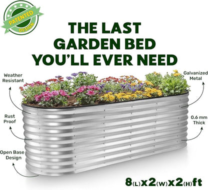 Plant & Plot Galvanized Raised Garden Beds Outdoor // 8×2×2 ft Planter Raised Beds for Gardening, Vegetables, Flowers // Large Metal Garden Box (Silver) // Patented Tool-Free Design