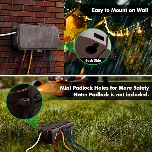 RESTMO Outdoor Electrical Box, IP54 Weatherproof Extension Cord Cover with 6 Cable Entry Ports, Waterproof Connection Box Protect Power Strip, Timer, Plug, Holiday Lights, (11.5x5.2x4 inch), Brown