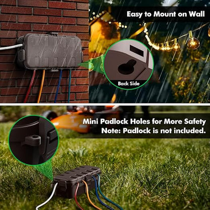 RESTMO Outdoor Electrical Box, IP54 Weatherproof Extension Cord Cover with 6 Cable Entry Ports, Waterproof Connection Box Protect Power Strip, Timer, Plug, Holiday Lights, (11.5x5.2x4 inch), Brown