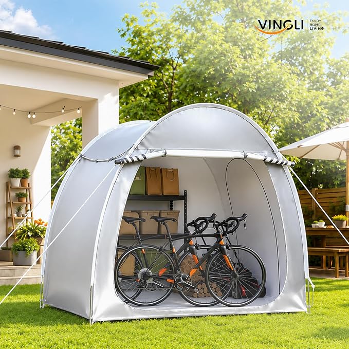 VINGLI Bike Storage Shed Tent for 4-5 Bikes, Outdoor Portable Bicycle Storage Shed with Carry Bag, Waterproof Bike Tent for Motorcycle, Garden Tools, Lawn Mower, Light Gray