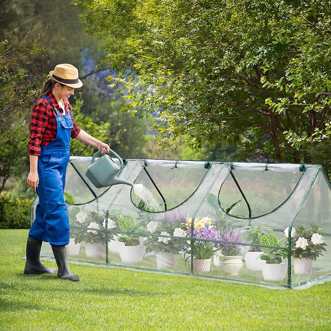 Aoodor 9 x 3 x 3 ft Mini Greenhouse with 3 Zipper Doors, Water-Resistant, UV-Protected for Flowers, Vegetables, and Herbs, Transparent