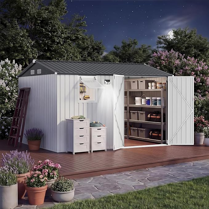Garvee 10x8 FT Heavy-Duty Metal Outdoor Storage Shed with Solar Light | Motion Sensor Light, Window, Pegboard Tool Organizer, Lockable Doors, 4 Air Vents for Garden Patio Backyard Garage