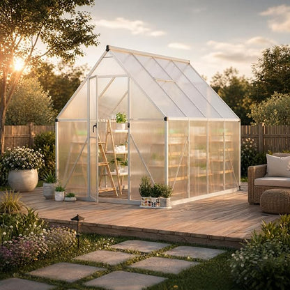 CABIHOME 8x12 FT Outdoor Greenhouse, Polycarbonate Greenhouse with Roof Vent and Ground Nails, Aluminum Large Walk-in Green House w/ Lockable Push Door for Outdoor Garden (Silver, 6x7 FT)