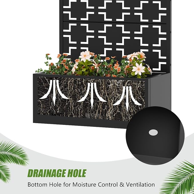 Casaphoria Metal Raised Garden Bed with Trellis, 59"x30"x12" Planter Box for Climbing Plants, Vegetables & Vines, Features Drainage Holes and Privacy Screen, Black-Square